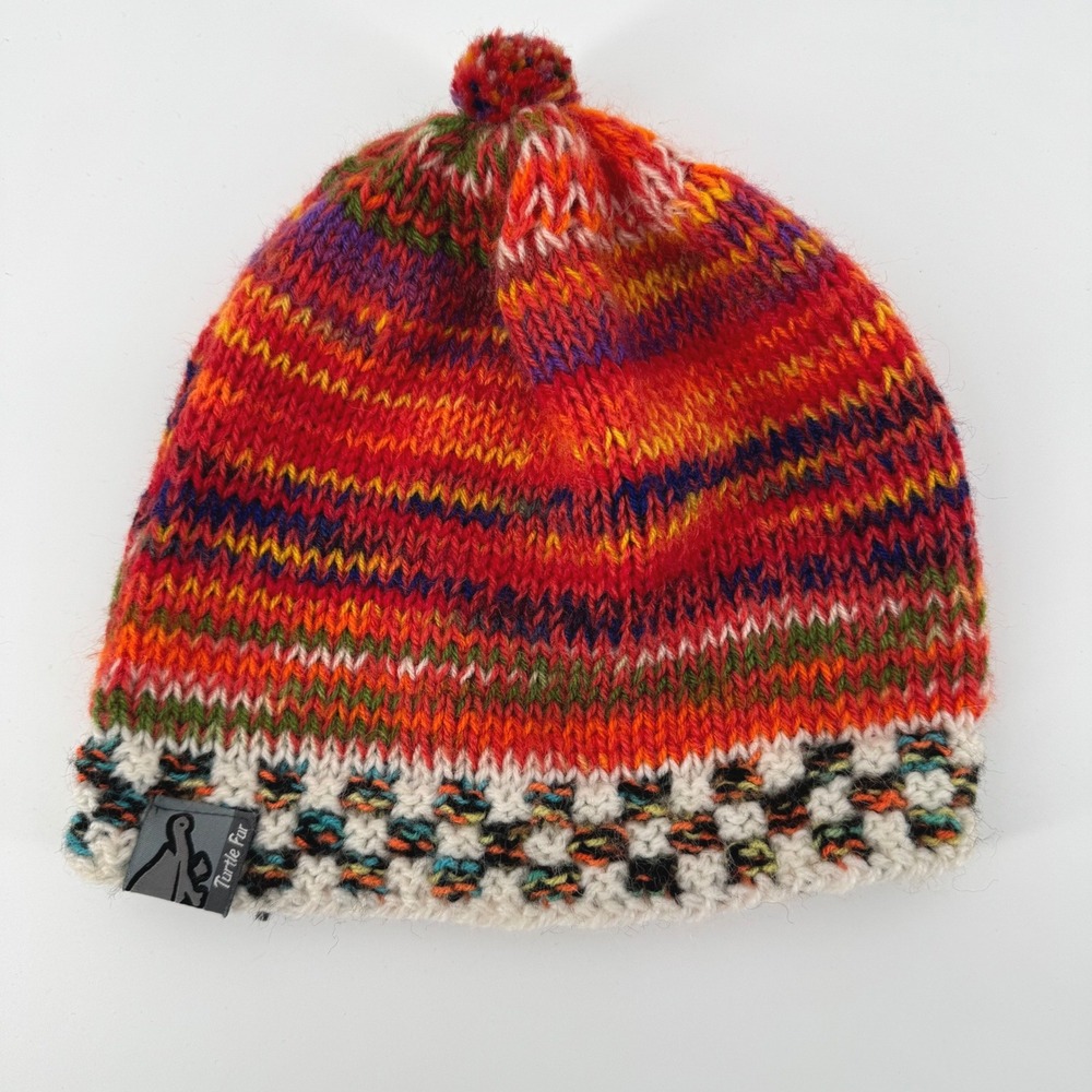 Turtle Fur Alpaca Blend Beanie Adult Hat Multicolor Orange Knit Pom‎ Pom Peru